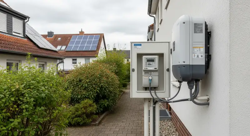 Modern German electrical meter cabinet (Zählerschrank) with smart meter and solar inverter connection, clean technical installation
