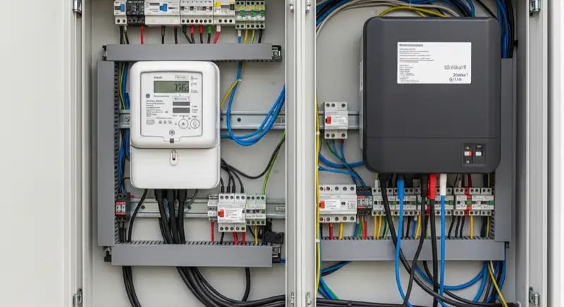 Modern German electrical meter cabinet (Zählerschrank) with smart meter and solar inverter connection, clean technical installation