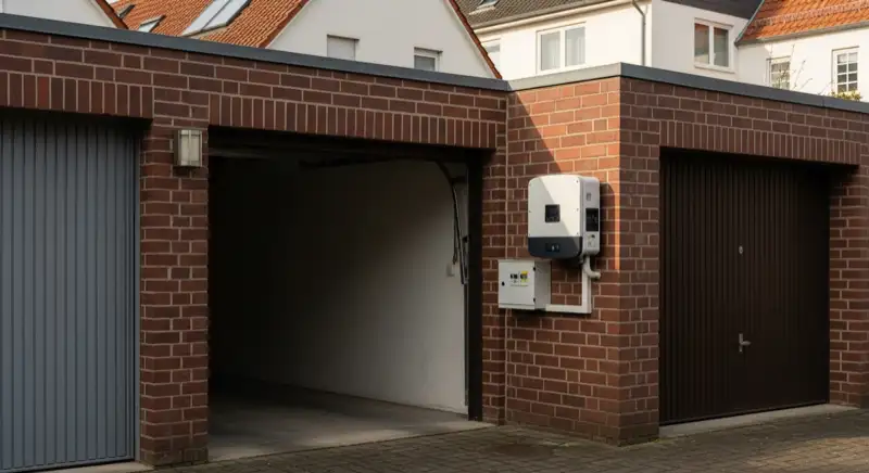 Modern solar inverter mounted on garage wall next to electrical panel, clean professional installation, natural daylight
