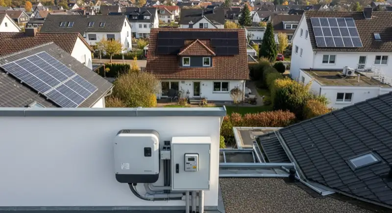 Modern German electrical meter cabinet (Zählerschrank) with smart meter and solar inverter connection, clean technical installation