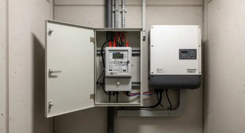 Modern German electrical meter cabinet (Zählerschrank) with smart meter and solar inverter connection, clean technical installation