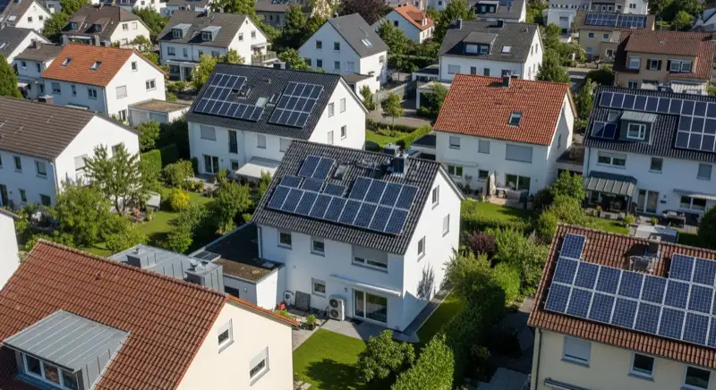 Aerial drone view of typical German residential neighborhood with mixed roof types, red and dark roof tiles, gardens visible, sunny day