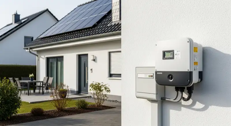 Modern German electrical meter cabinet (Zählerschrank) with smart meter and solar inverter connection, clean technical installation