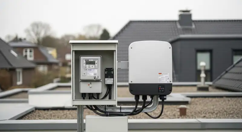 Modern German electrical meter cabinet (Zählerschrank) with smart meter and solar inverter connection, clean technical installation