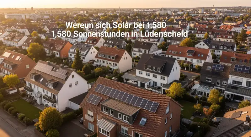 Aerial drone view of typical German residential neighborhood with mixed roof types, red and dark roof tiles, gardens visible, sunny day