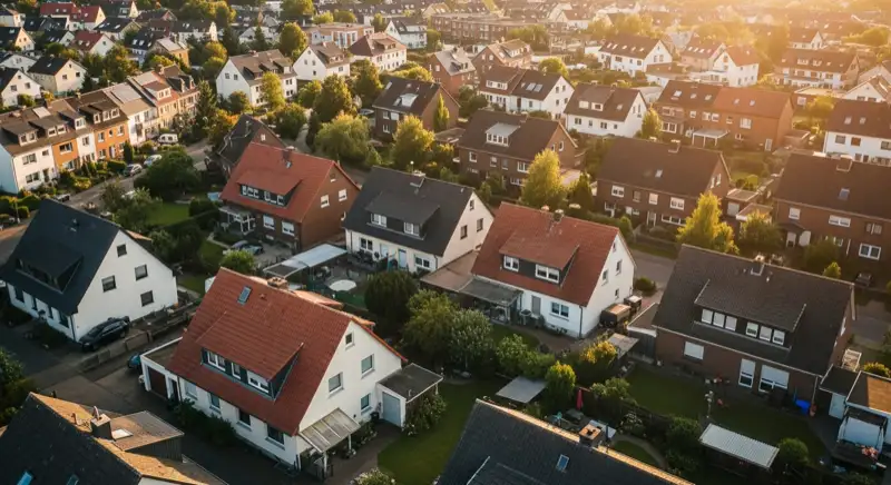 Aerial drone view of typical German residential neighborhood with mixed roof types, red and dark roof tiles, gardens visible, sunny day