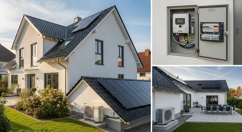 Modern German electrical meter cabinet (Zählerschrank) with smart meter and solar inverter connection, clean technical installation