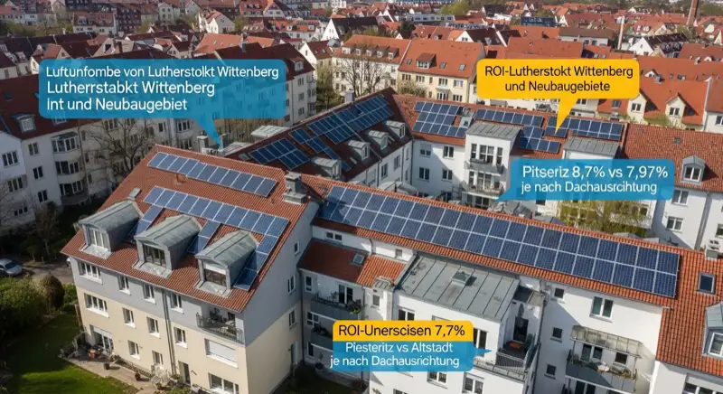 Luftaufnahme von Lutherstadt Wittenberg zeigt Solaranlagen auf verschiedenen Dachtypen in Altstadt und Neubaugebieten