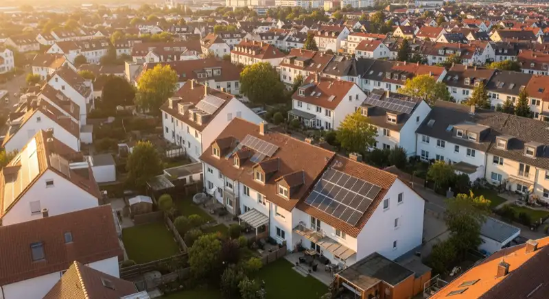 Aerial drone view of typical German residential neighborhood with mixed roof types, red and dark roof tiles, gardens visible, sunny day