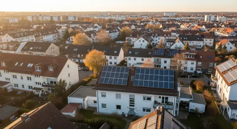 Aerial drone view of typical German residential neighborhood with mixed roof types, red and dark roof tiles, gardens visible, sunny day