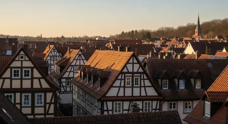 Historische Dachlandschaft im Maintaler Ortskern mit Fachwerkhaus und Ziegeldächern