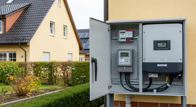 Modern German electrical meter cabinet (Zählerschrank) with smart meter and solar inverter connection, clean technical installation