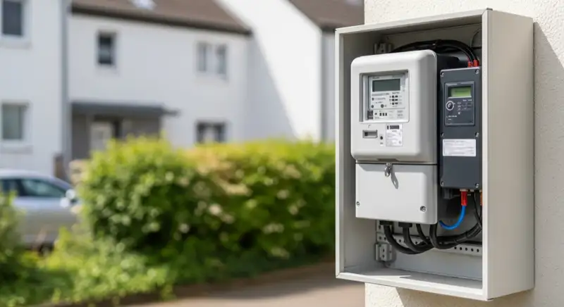 Modern German electrical meter cabinet (Zählerschrank) with smart meter and solar inverter connection, clean technical installation