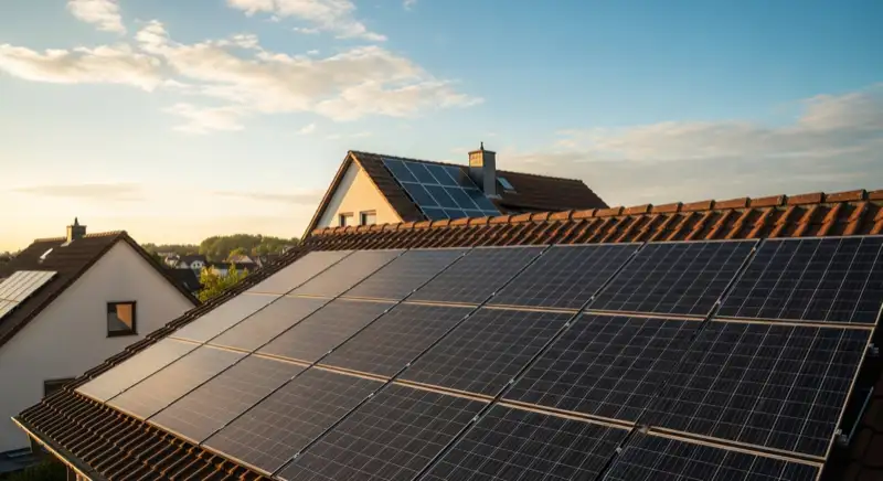 Close-up of photovoltaic solar panels installed on a traditional German Satteldach (gabled roof), blue sky with some clouds