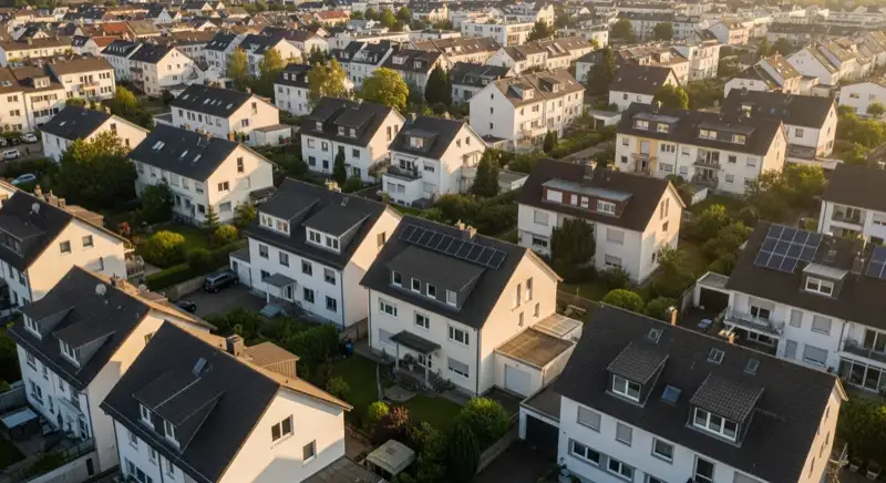 Wohngebiete in Mainz mit verschiedenen Bauformen, typische Einfamilienhäuser und Dachstrukturen aus der Luft