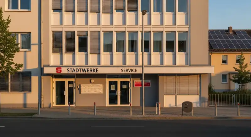 Blick auf das Stadtwerke-Gebäude in Mainz mit Service-Eingang, lokale Versorgeratmosphäre