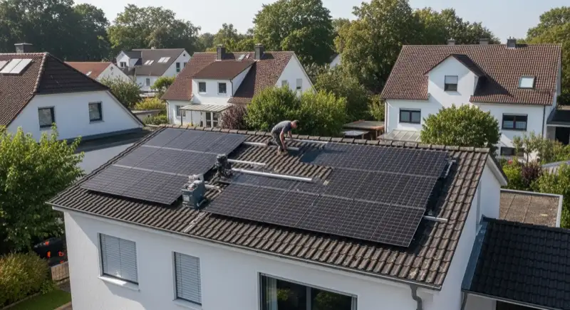 Moderne PV-Installation auf Einfamilienhaus in Mannheimer Stadtteil mit Installateur bei der Montage