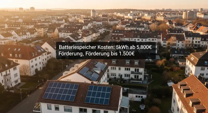 Aerial drone view of typical German residential neighborhood with mixed roof types, red and dark roof tiles, gardens visible, sunny day