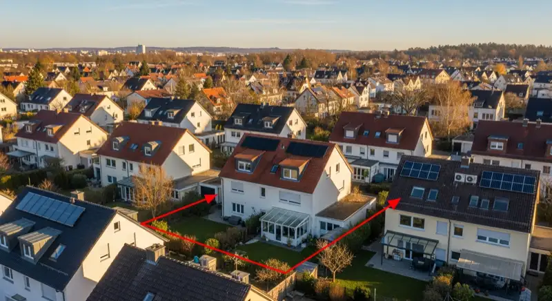 Aerial drone view of typical German residential neighborhood with mixed roof types, red and dark roof tiles, gardens visible, sunny day