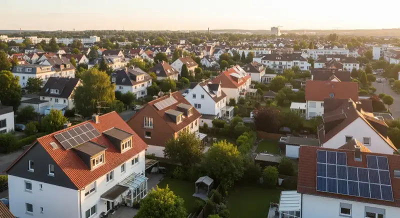 Aerial drone view of typical German residential neighborhood with mixed roof types, red and dark roof tiles, gardens visible, sunny day