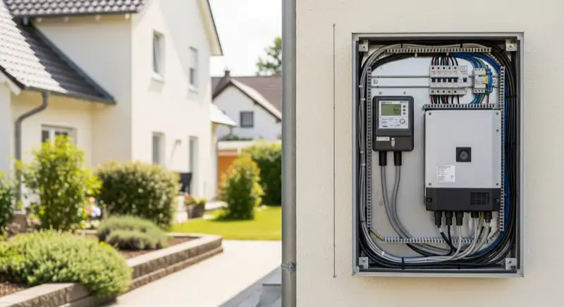 Modern German electrical meter cabinet (Zählerschrank) with smart meter and solar inverter connection, clean technical installation