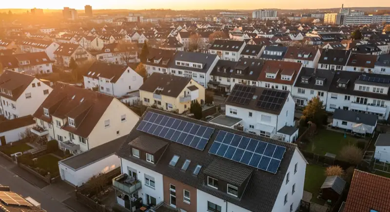 Aerial drone view of typical German residential neighborhood with mixed roof types, red and dark roof tiles, gardens visible, sunny day