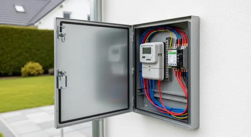 Modern German electrical meter cabinet (Zählerschrank) with smart meter and solar inverter connection, clean technical installation