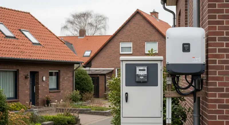 Modern German electrical meter cabinet (Zählerschrank) with smart meter and solar inverter connection, clean technical installation