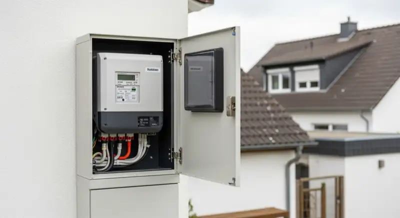 Modern German electrical meter cabinet (Zählerschrank) with smart meter and solar inverter connection, clean technical installation
