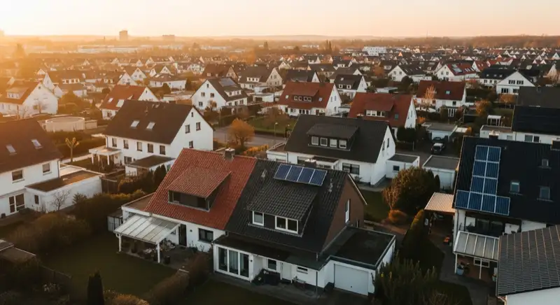 Aerial drone view of typical German residential neighborhood with mixed roof types, red and dark roof tiles, gardens visible, sunny day