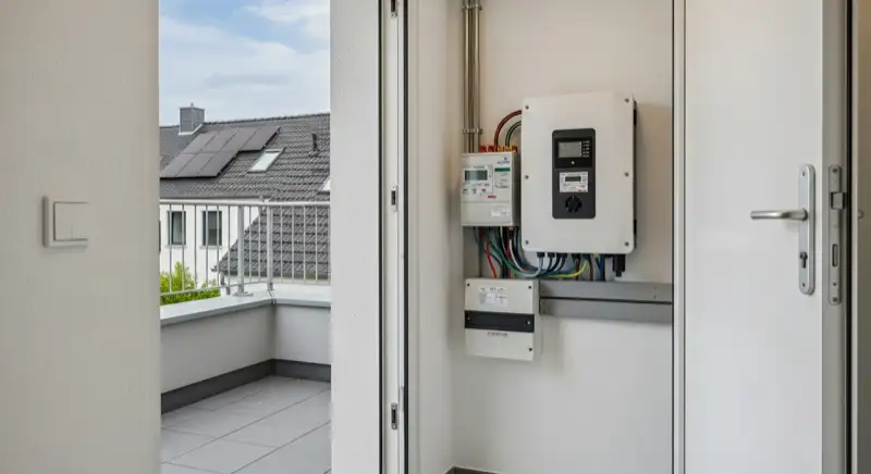 Modern German electrical meter cabinet (Zählerschrank) with smart meter and solar inverter connection, clean technical installation