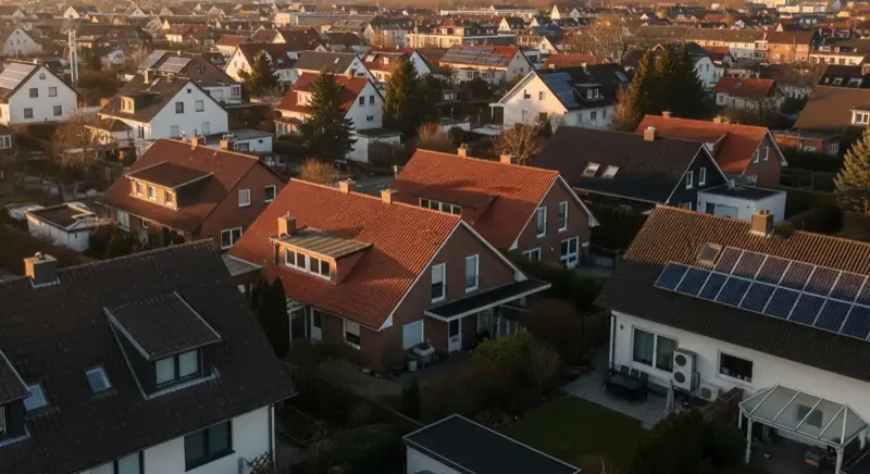 Aerial drone view of typical German residential neighborhood with mixed roof types, red and dark roof tiles, gardens visible, sunny day