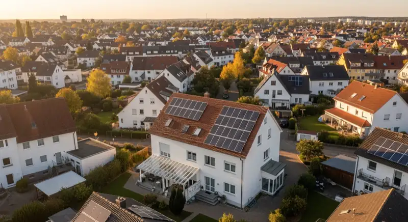Aerial drone view of typical German residential neighborhood with mixed roof types, red and dark roof tiles, gardens visible, sunny day