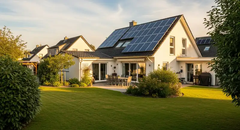 German detached house (Einfamilienhaus) with photovoltaic panels on pitched roof, well-maintained garden, warm afternoon sunlight