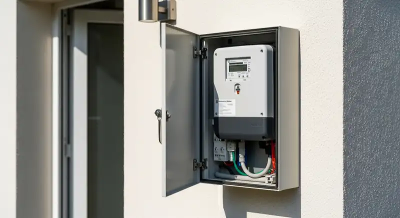 Modern German electrical meter cabinet (Zählerschrank) with smart meter and solar inverter connection, clean technical installation