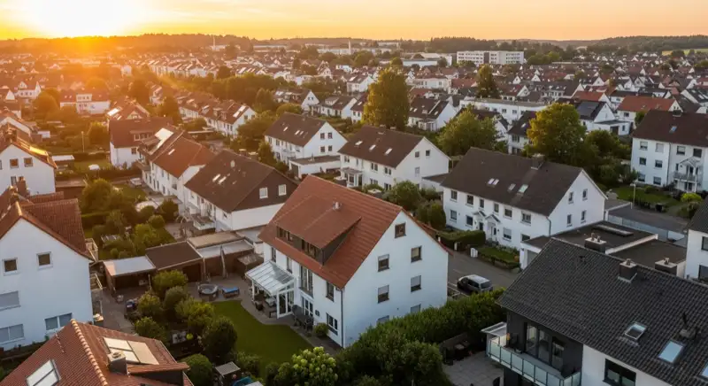 Aerial drone view of typical German residential neighborhood with mixed roof types, red and dark roof tiles, gardens visible, sunny day