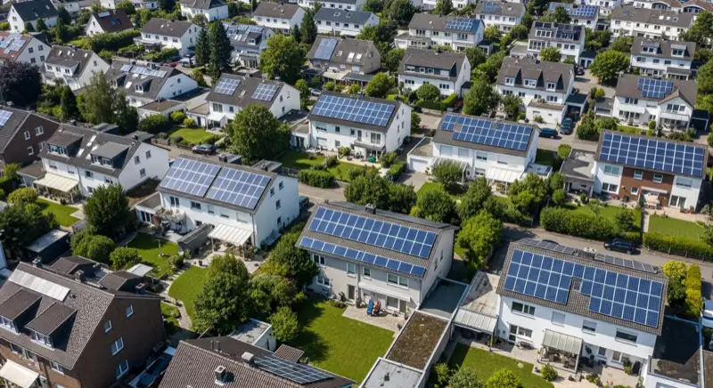 Luftaufnahme Wohngebiet Mülheim an der Ruhr mit Einfamilienhäusern und Solaranlagen auf verschiedenen Dächern