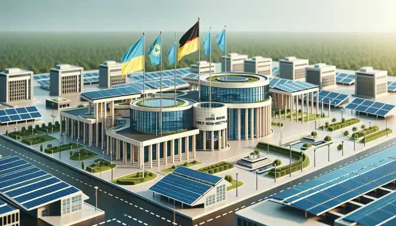 Modernes Gebäude mit NRW Flagge und Solaranlagen, symbolisch für Förderprogramme in Nordrhein Westfalen
