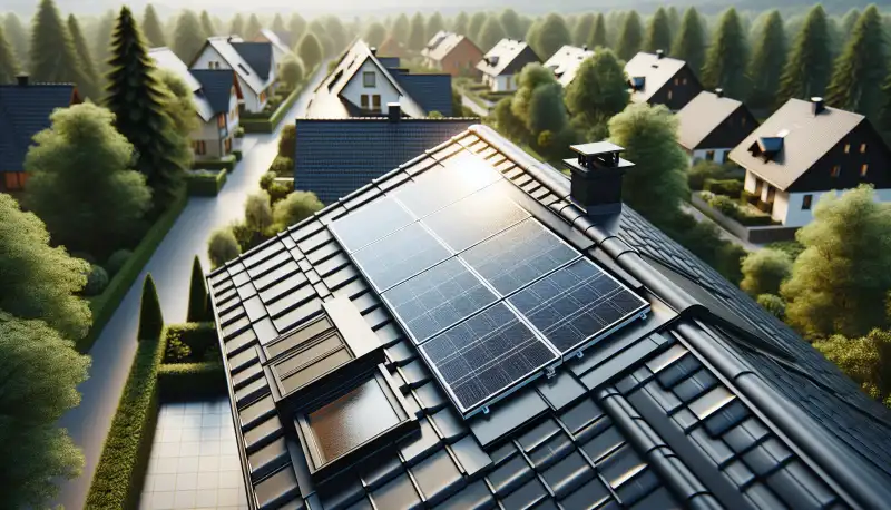 Nahaufnahme von Solarmodulen auf einem Mülheimer Wohnhaus mit grüner Umgebung