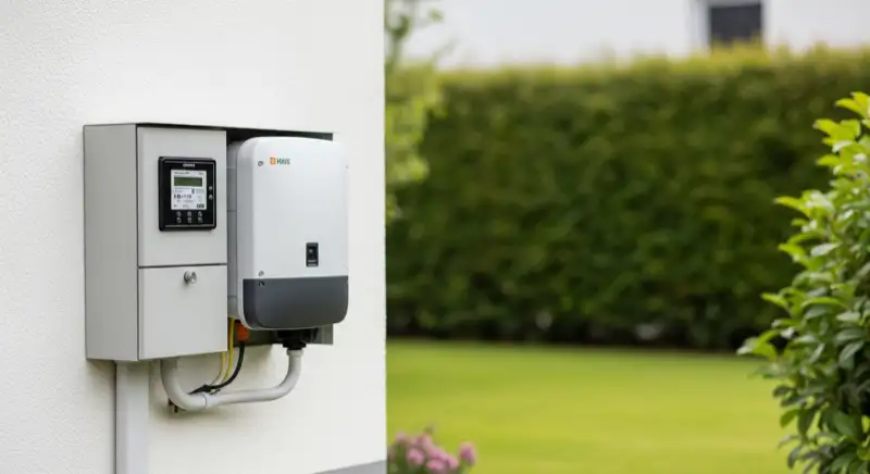 Modern German electrical meter cabinet (Zählerschrank) with smart meter and solar inverter connection, clean technical installation