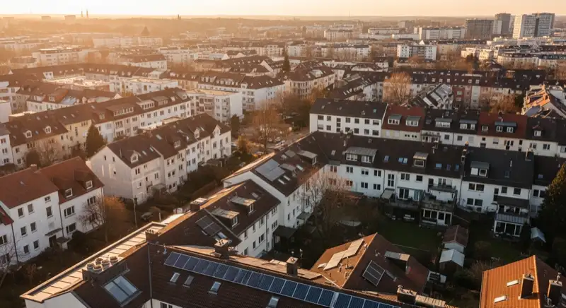Aerial drone view of typical German residential neighborhood with mixed roof types, red and dark roof tiles, gardens visible, sunny day
