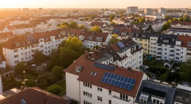 Aerial drone view of typical German residential neighborhood with mixed roof types, red and dark roof tiles, gardens visible, sunny day
