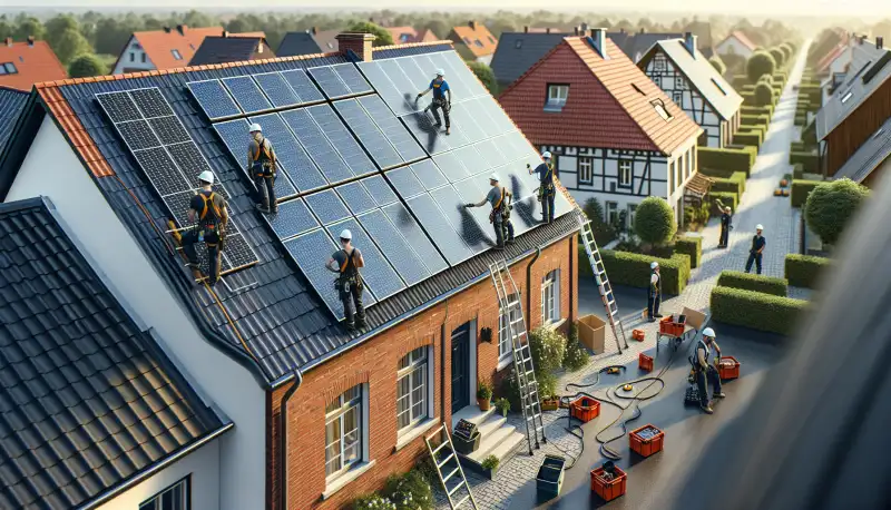 Solarinstallateur bei der Montage von PV Modulen auf einem Hausdach im Münsterland