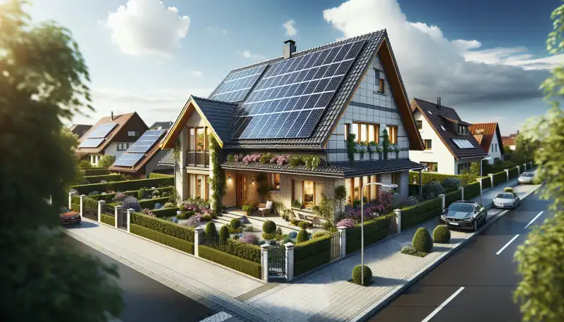 Moderne Solarmodule auf einem Einfamilienhaus, Nahaufnahme der Montagesysteme und Module