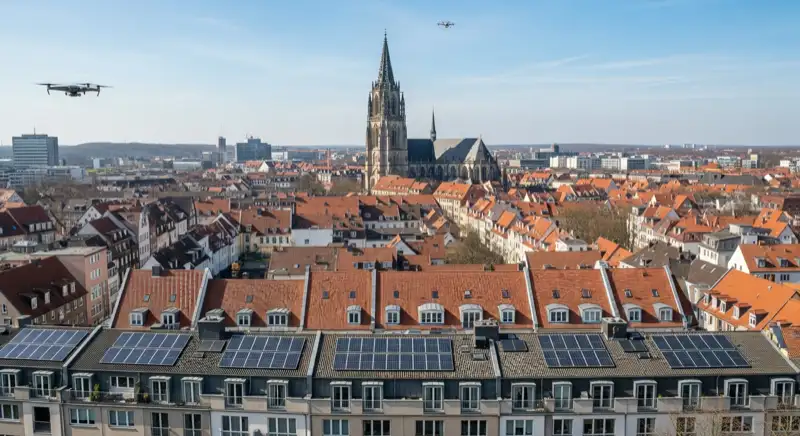 Münster Stadtpanorama mit Dom und modernen Dächern mit Solaranlagen unter blauem Himmel