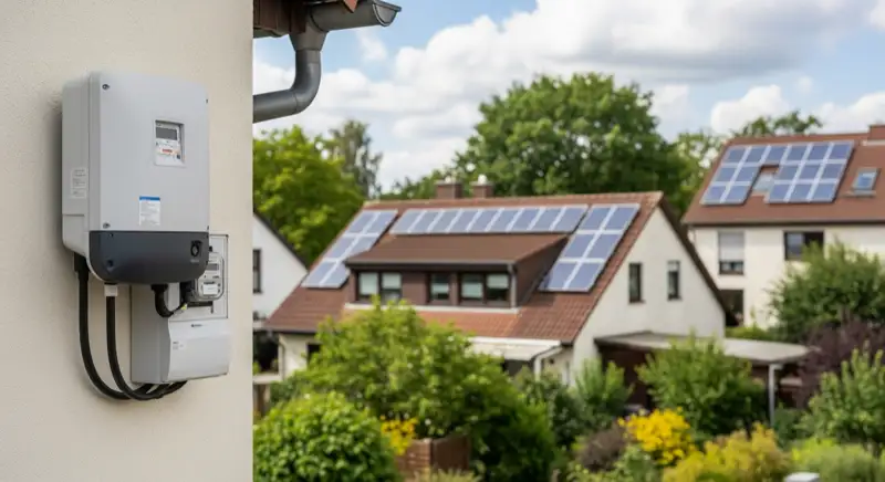 Modern German electrical meter cabinet (Zählerschrank) with smart meter and solar inverter connection, clean technical installation