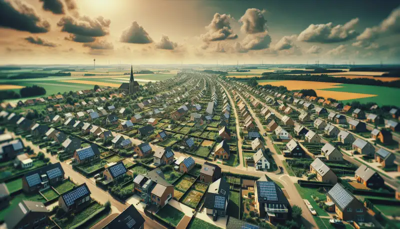 Luftaufnahme eines Münsteraner Wohnviertels mit Solardächern, typische NRW Parklandschaft