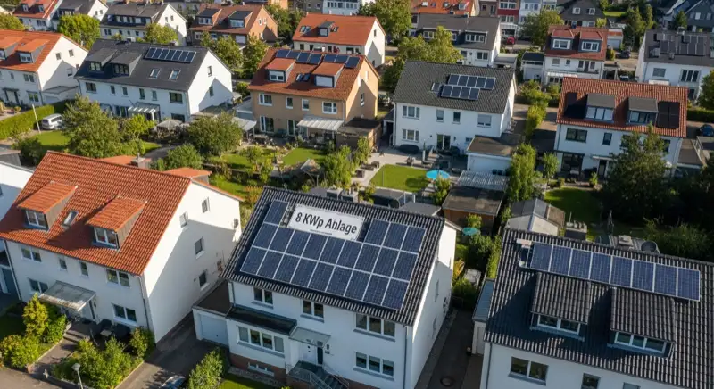 Aerial drone view of typical German residential neighborhood with mixed roof types, red and dark roof tiles, gardens visible, sunny day