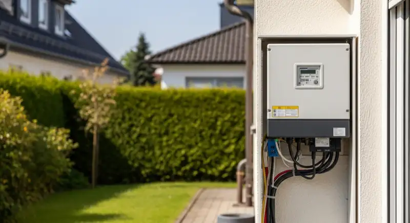 Modern German electrical meter cabinet (Zählerschrank) with smart meter and solar inverter connection, clean technical installation