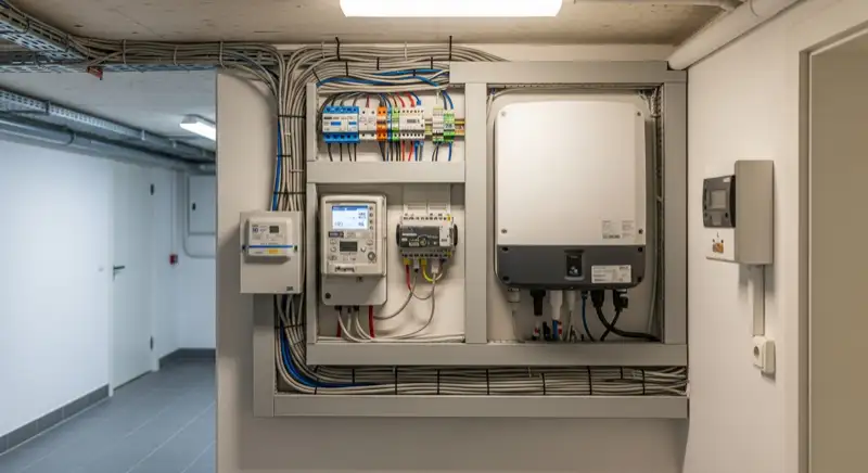 Modern German electrical meter cabinet (Zählerschrank) with smart meter and solar inverter connection, clean technical installation